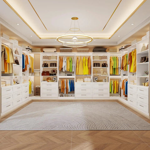 Dope Modular Closet Organization System With Six Drawers Adjustable Shelves And Nine Hanging Rods Super Clean L Shape Corner Storage Unit Top Tier White Wood Setup For Walk In Rooms That Gonna Fit Perfectly