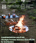 22 Inch Portable Fire Pit For Camping And RV Trips, Ultralight Foldable Round Grill Stand set up with fire burning, outdoors