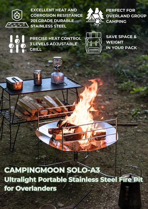 22 Inch Portable Fire Pit For Camping And RV Trips, Ultralight Foldable Round Grill Stand set up with fire burning, outdoors