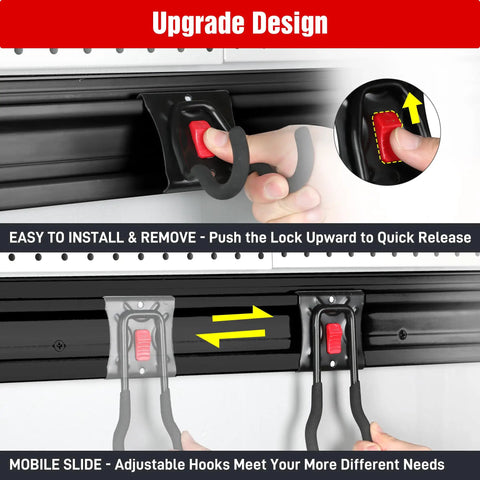 Garage Tool Organizer Wall Mount System with 64 Inch Rails and Eight Heavy Duty Adjustable Hooks, secure locking mechanism