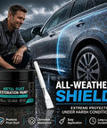 Auto Body Rust Repair Paste Kick Rust To The Curb Heavy Duty Metal Restoration Putty for wheel wells, shown in use with brush and black container.