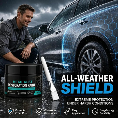 Auto Body Rust Repair Paste Kick Rust To The Curb Heavy Duty Metal Restoration Putty for wheel wells, shown in use with brush and black container.