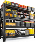 Heavy Duty Garage Shelving Rack With 5000 Lbs Capacity Industrial Steel Storage Shelves For Garage And Shop 60 Inch Wide 72 Inch High 18 Inch Deep Beefy Heavy Duty Steel Shelf System For Tools Bins Gear, filled with bins and tires