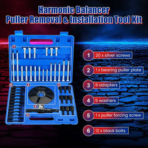 Blue Harmonic Balancer Puller Removal And Install Tool Kit open with components displayed