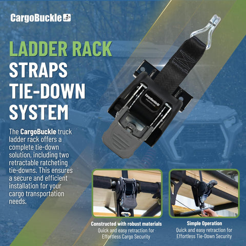 Self Retracting Ratchet Straps For Trucks With Square Ladder Racks 2 Inch By 7 Feet Pack Of 2 Permanent Mounting Tie Down Straps With Secure Square Bracket For Easy Rig Security, featuring CargoBuckle system in use.