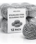Heavy Duty Stainless Steel Scouring Pads 12 Pack Bulk Cleaning Scrubbers in transparent packaging for tough kitchen cleaning.
