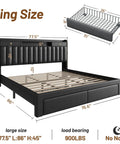 Heavy Duty Black King Size Platform Bed Frame With Padded Headboard And Four Slide Out Storage Drawers Plus Hidden Side Shelves Solid Wood Design For Straight Up Bedroom Comfort dimensions and padded headboard.