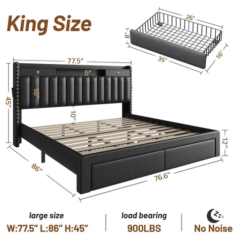 Heavy Duty Black King Size Platform Bed Frame With Padded Headboard And Four Slide Out Storage Drawers Plus Hidden Side Shelves Solid Wood Design For Straight Up Bedroom Comfort dimensions and padded headboard.
