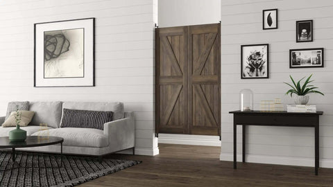 Living room with rustic wooden door using Heavy Duty Gravity Double Action Pivot Door Hinge For Saloon And Cafe Doors.