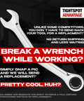 Close-up of 12 Piece Metric Ratcheting Wrench Set With Quick Access Organizer For Fast No Mess Grab And Go Tool Work, Sizes 8mm Through 19mm, Durable Alloy Build, Easy Grab Wrenches, Keeps Your Shop Neat And Ready with warranty details.