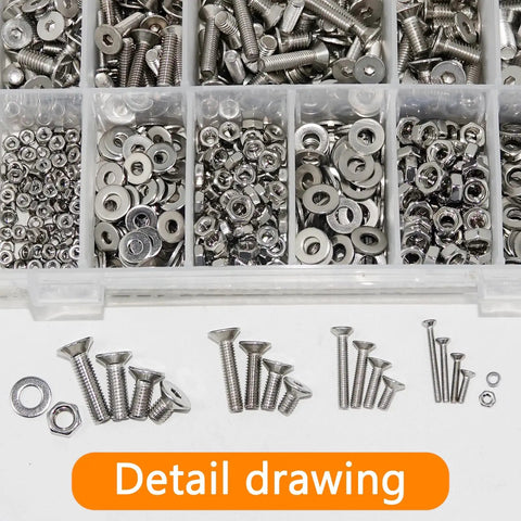 Detail view of 1270 Piece Stainless Steel Screw Kit M2 To M5 For 3D Printing Includes Allen Head And Flat Head Countersunk Bolts Metric Bolts Nuts Washers And Wrenches In Silver