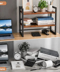 Two Tier Wood Desk Shelf Organizer For Office And Home Space Saving Desktop Bookshelf And Storage Rack with items arranged neatly.