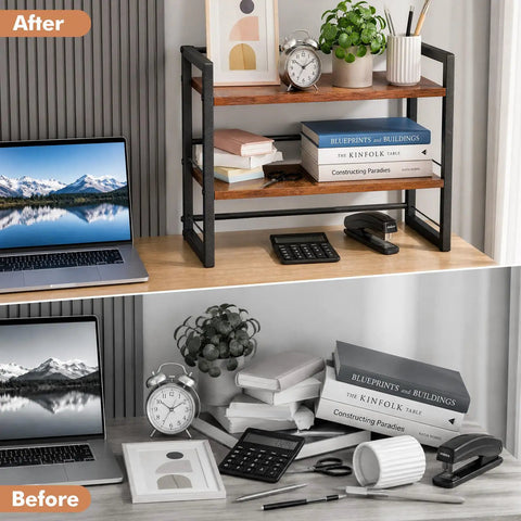 Two Tier Wood Desk Shelf Organizer For Office And Home Space Saving Desktop Bookshelf And Storage Rack with items arranged neatly.