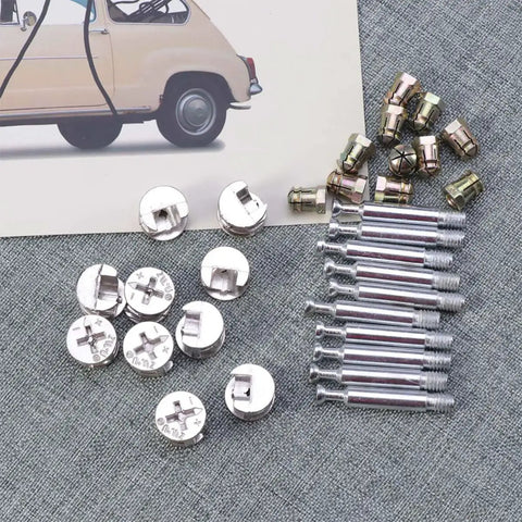 24 Sets Furniture Fastener Kit With Cam Locks Nuts Dowels And Bolt Connectors For Cabinet And Furniture Assembly displayed.