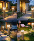 Weatherproof Aluminum Post Cap Lights For Deck And Yard With Bright Acrylic Diffuser illuminating pathways at dusk.