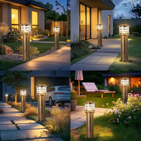 Weatherproof Aluminum Post Cap Lights For Deck And Yard With Bright Acrylic Diffuser illuminating pathways at dusk.