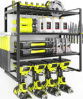 Four Tier Heavy Duty Power Tool Organizer with Wall Mount Drill Holder and storage rack filled with tools and accessories.