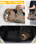Roll Up Tool Bag Organizer With 3 Detachable Pouches shown compactly rolled, carried by hand, and stored in car trunk.