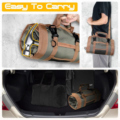 Roll Up Tool Bag Organizer With 3 Detachable Pouches shown compactly rolled, carried by hand, and stored in car trunk.