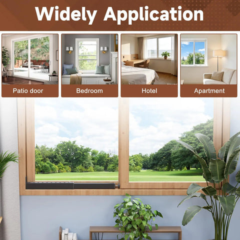 Heavy Duty Adjustable Window Security Bar For Sliding And Double Hung Windows shown on a patio door and bedroom window.