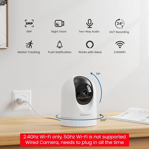 Indoor 2K Security Cam With 360 Degree Pan Tilt, WiFi Home Surveillance, Night Vision, shown on a wooden shelf near power socket