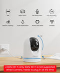 2K Indoor Security Camera With 360 Degree Pan Tilt, 2.4Ghz WiFi, Two Way Audio, Pet And Baby Monitoring, placed on table