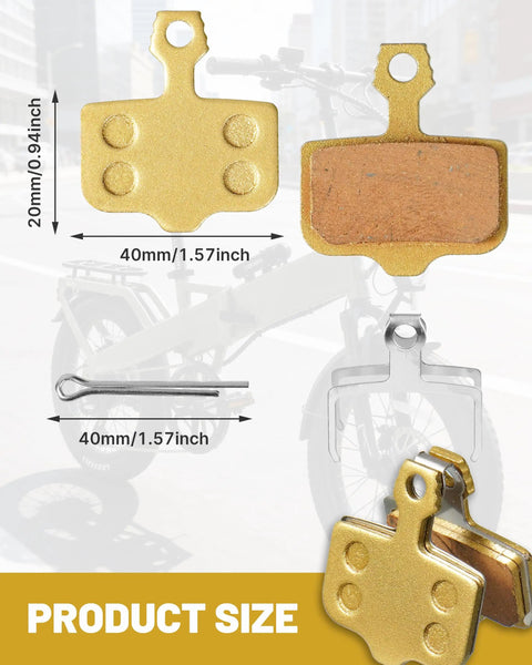 Product dimensions of 2 Pack E Bike Brake Pads For Lectric XP Trike 1.0 2.0 3.0 4.0 shown with gold components and size markings.