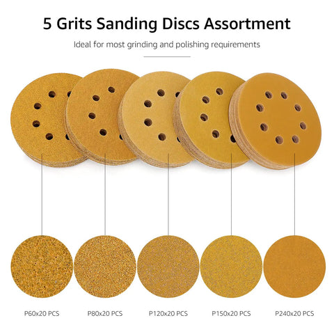 5 Inch 8 Hole Hook And Loop Sanding Discs Assorted Grit 100 Pack With 60 80 120 150 240 Grit for metal wood plastic stone