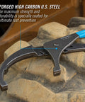 Adjustable Oil Filter Pliers 15 Inch With Six Position Slip Joint on rugged tire surface, blue grips, forged high carbon steel