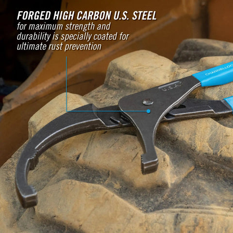 Adjustable Oil Filter Pliers 15 Inch With Six Position Slip Joint on rugged tire surface, blue grips, forged high carbon steel