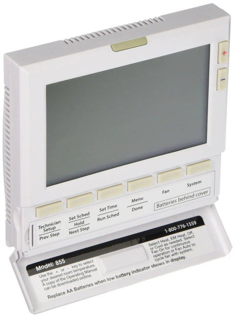 Universal Electronic Thermostat No-Fuss For Total Home Comfort IAQ with 8 inch blue backlit display and white finish shown upright
