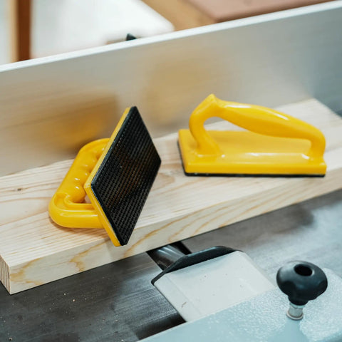 Heavy Duty Push Block And Push Stick Set For Table Saws Router Tables Band Saws on a wooden surface with safety grip features.