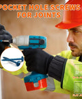 Worker using drill with Blue Coated Hardened Steel Pocket Hole Screws Set, 100 Pieces, Number 8 By 2 Inches, Self Tapping.