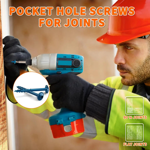 Worker using drill with Blue Coated Hardened Steel Pocket Hole Screws Set, 100 Pieces, Number 8 By 2 Inches, Self Tapping.