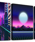 Neon Cyberpunk City Wall Art Set, 3 Panels, 12x16 Inches, Teen Boy Room Decor, cars driving through neon suburbs, retro 80s canvas