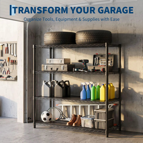 Rock Solid 4 Tier Heavy Duty Metal Shelving Unit Commercial Wire Storage Rack filled with tools and supplies in garage