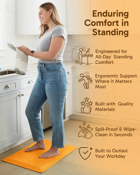 Woman standing on Bright Orange 20x32 inch Anti Fatigue Kitchen Mat Cushioned 0.75 Inch Thick Standing Pad for Kitchen Office and Sink