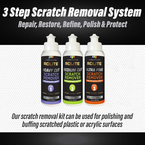 3 Step Scratch Removal Kit For Clear Plastic And Acrylic Surfaces With Heavy Cut, Medium Cut And Ultra Fine Pro Grade Polishing Compounds