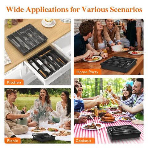 Multiple uses of Sturdy Silverware Organizer With Lid For Drawer Or Countertop, in kitchen, home party, picnic, and cookout