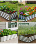 2 Pack 8 By 4 By 1 Foot Durable Galvanized Metal Raised Garden Bed Kit For Vegetables And Herbs Open Bottom Large Capacity Outdoor Planter Box With Stakes Silver in use in yard, garden, porch, and greenhouse, showing different plants and flowers.
