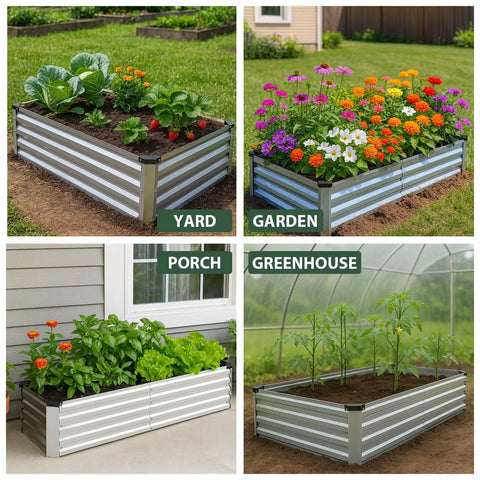 2 Pack 8 By 4 By 1 Foot Durable Galvanized Metal Raised Garden Bed Kit For Vegetables And Herbs Open Bottom Large Capacity Outdoor Planter Box With Stakes Silver in use in yard, garden, porch, and greenhouse, showing different plants and flowers.