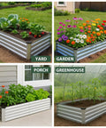 Galvanized Metal Raised Garden Bed Kit 2 Pack 6x3x1 Ft Open Bottom Planter Box shown in yard, garden, porch, and greenhouse settings.