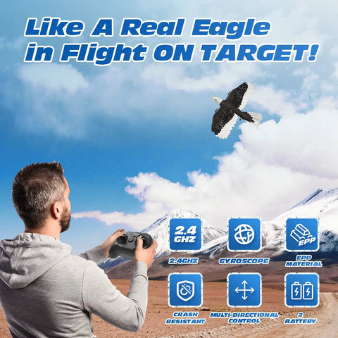 Man flying Remote Control Eagle Plane For Newbies And Kids 2.4GHz 2CH RC Airplane with mountain backdrop and feature icons.