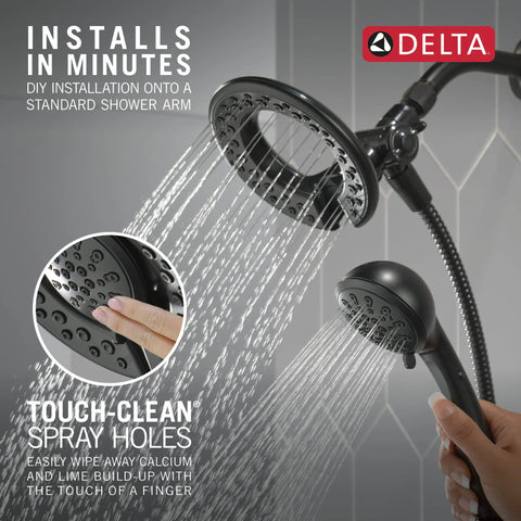 4-Setting In2ition 2-in-1 Dual Shower Head With Handheld Spray, Matte Black Detachable Shower Head And Hose, water flowing