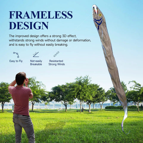 Man flying Massive 61ft Silver Soft Parafoil Beltfish Kite With Reel in park, demonstrating easy wind resistant design
