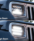 7x6 And 5x7 H6054 LED Headlights For Trucks And Vans H4 Sealed Beam Replacement 6000K showing low and high beam on a Jeep