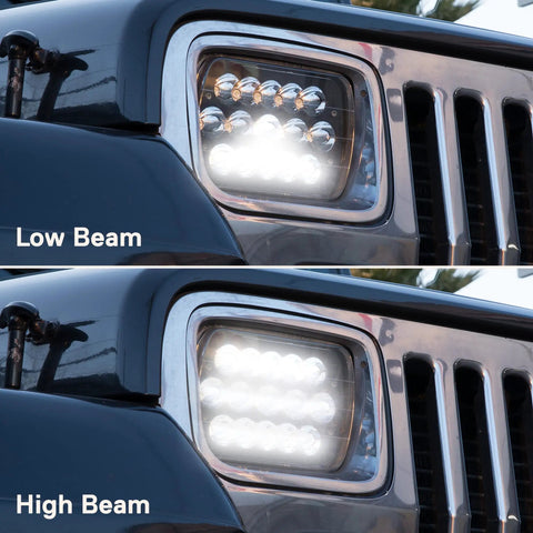 7x6 And 5x7 H6054 LED Headlights For Trucks And Vans H4 Sealed Beam Replacement 6000K showing low and high beam on a Jeep