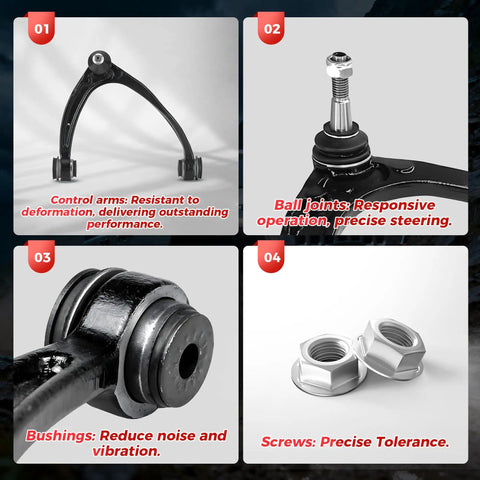 6-Piece Front Upper Control Arm Kit With Lower Ball Joints And Sway Bar Links K80669 K80670 K6541 K700432 For Cadillac Escalade, Silverado, Suburban 1500, Tahoe, Sierra 1500, Yukon 2007-2013, close-up of control arm parts