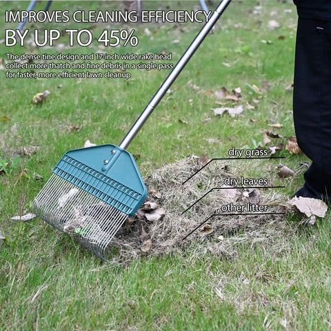 Thatch Rake With 66 Inch Adjustable Handle And 17 Inch Wide Dethatcher For Lawns, Gardens And Yards in use removing debris
