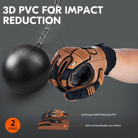 Cow Leather Work Gloves With Impact Protection For Auto, Construction, DIY And More, Water Resistant, Size XL Brown, 3D PVC Impact Reduction